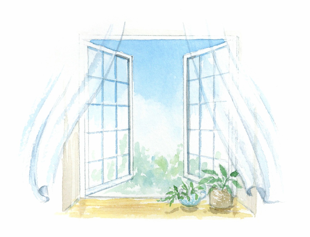 ilustracion acuarela ventana abierta con plantas